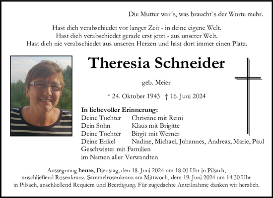 Traueranzeige von Theresia Schneider von Neumarkter Tagblatt