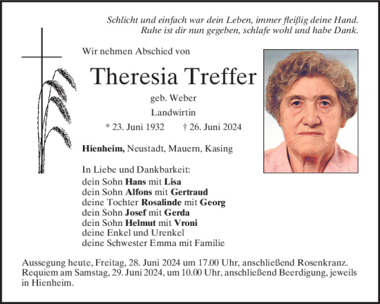 Traueranzeige von Theresia Treffer von Mittelbayerische Zeitung Kelheim