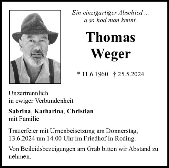 Traueranzeige von Thomas Weger von Bayerwald Echo