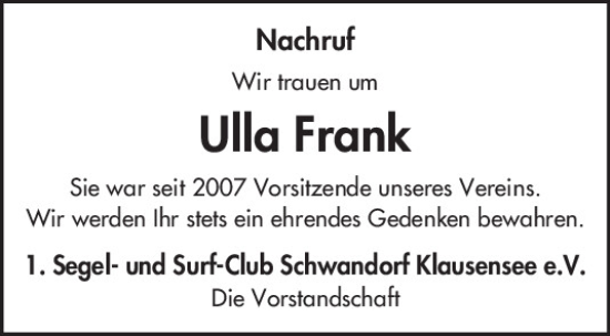 Traueranzeige von Ulla Frank von Mittelbayerische Zeitung Schwandorf