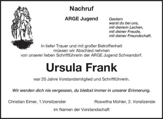 Traueranzeige von Ursula Frank von Mittelbayerische Zeitung Schwandorf