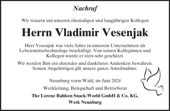 Traueranzeige von Vladimir Vesenjak von Mittelbayerische Zeitung Schwandorf
