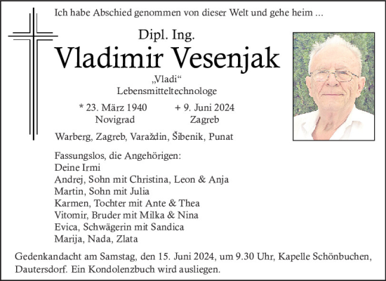Traueranzeige von Vladimir Vesenjak von Mittelbayerische Zeitung Schwandorf