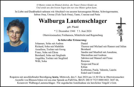 Traueranzeige von Walburga Lautenschlager von Neumarkter Tagblatt