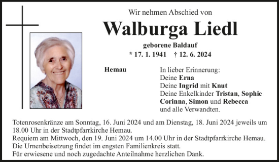 Traueranzeige von Walburga Liedl von Mittelbayerische Zeitung Regensburg