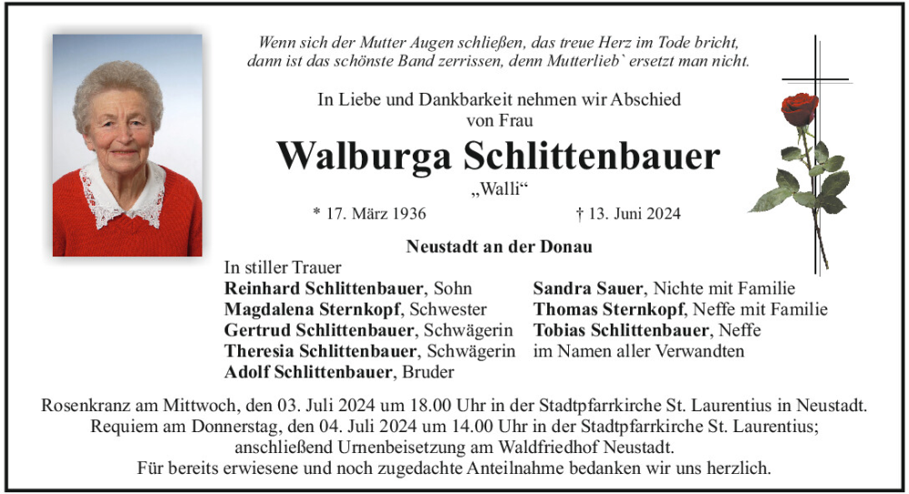  Traueranzeige für Walburga Schlittenbauer vom 29.06.2024 aus Mittelbayerische Zeitung Kelheim