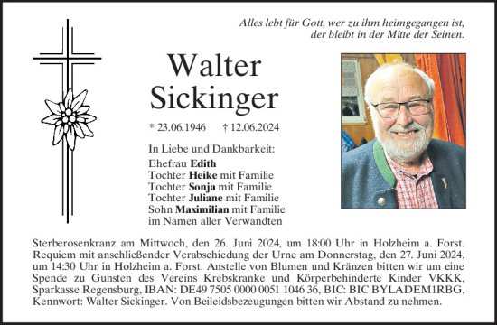 Traueranzeige von Walter Sickinger von Mittelbayerische Zeitung Regensburg