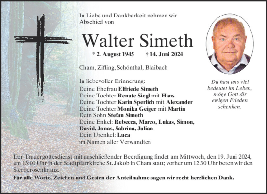 Traueranzeige von Walter Simeth von Bayerwald Echo