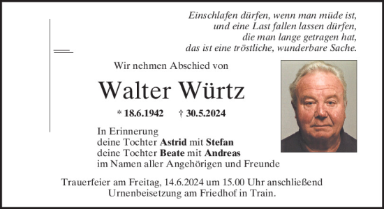 Traueranzeige von Walter Würtz von Mittelbayerische Zeitung Kelheim