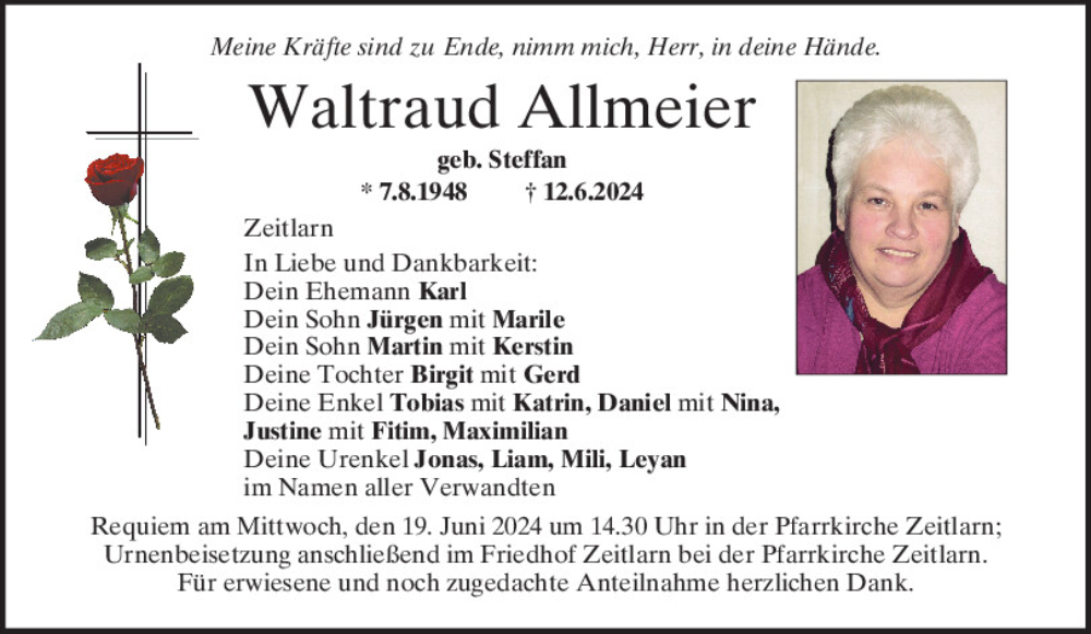  Traueranzeige für Waltraud Allmeier vom 15.06.2024 aus Mittelbayerische Zeitung Regensburg