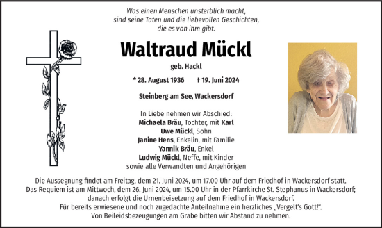 Traueranzeige von Waltraud Mückl von Mittelbayerische Zeitung Schwandorf