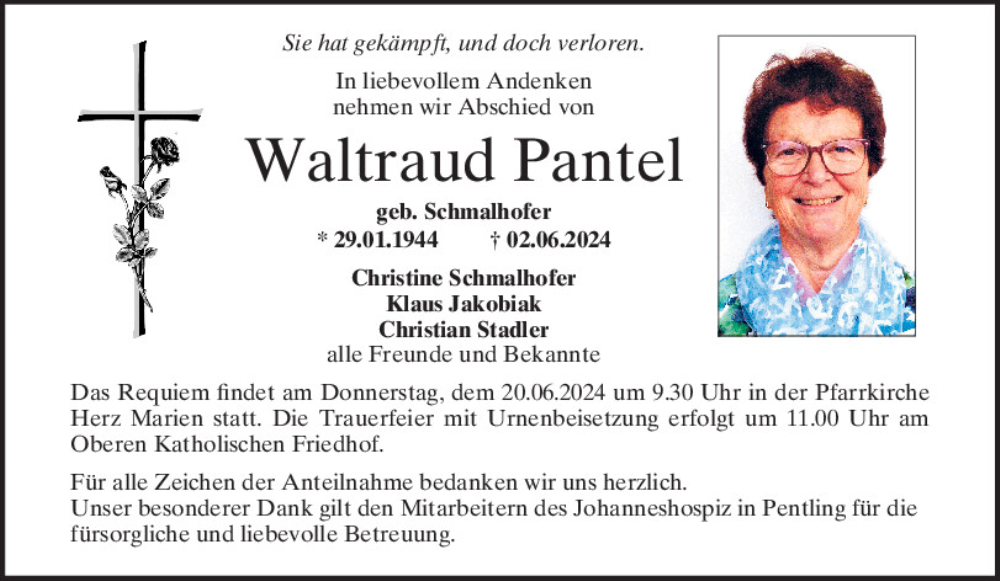  Traueranzeige für Waltraud Pantel vom 08.06.2024 aus Mittelbayerische Zeitung Regensburg
