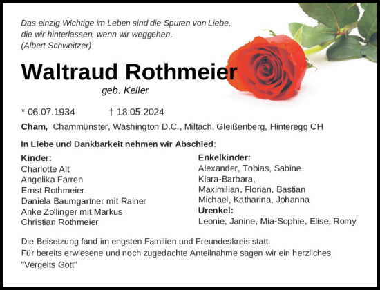 Traueranzeige von Waltraud Rothmeier von Bayerwald Echo