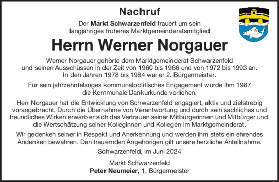 Traueranzeige von Werner Norgauer von Mittelbayerische Zeitung Schwandorf