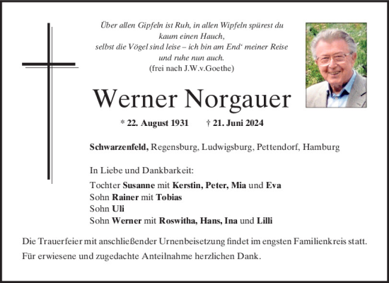Traueranzeige von Werner Norgauer von Mittelbayerische Zeitung Schwandorf