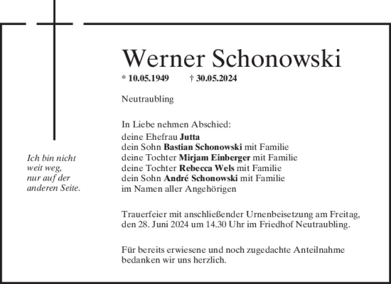 Traueranzeige von Werner Schonowski von Mittelbayerische Zeitung Regensburg