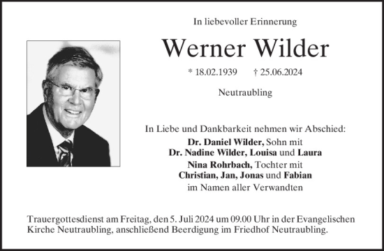 Traueranzeige von Werner Wilder von Mittelbayerische Zeitung Regensburg