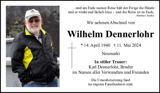Traueranzeige von Wilhelm Dennerlohr von Neumarkter Tagblatt