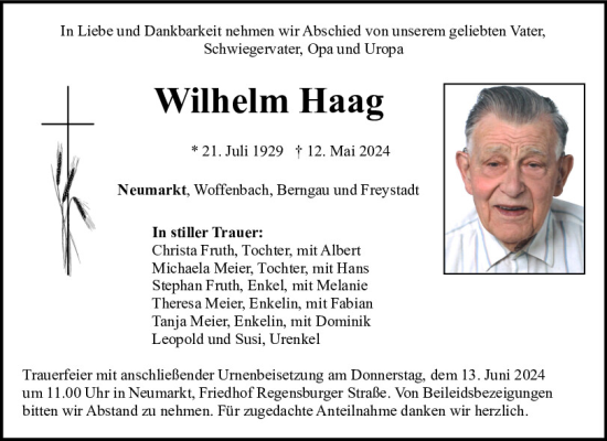 Traueranzeige von Wilhelm Haag von Neumarkter Tagblatt