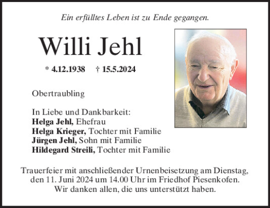 Traueranzeige von Willi Jehl von Mittelbayerische Zeitung Regensburg
