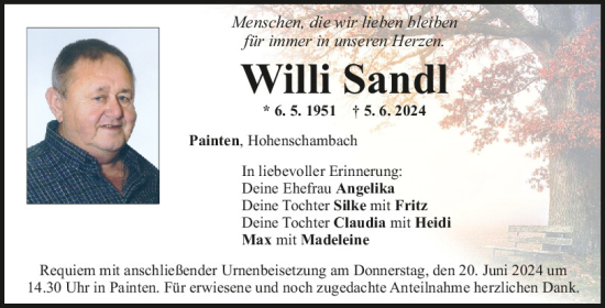Traueranzeige von Willi Sandl von Mittelbayerische Zeitung Regensburg