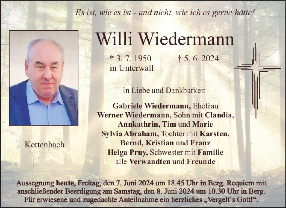  Traueranzeige für Willi Wiedermann vom 07.06.2024 aus Neumarkter Tagblatt