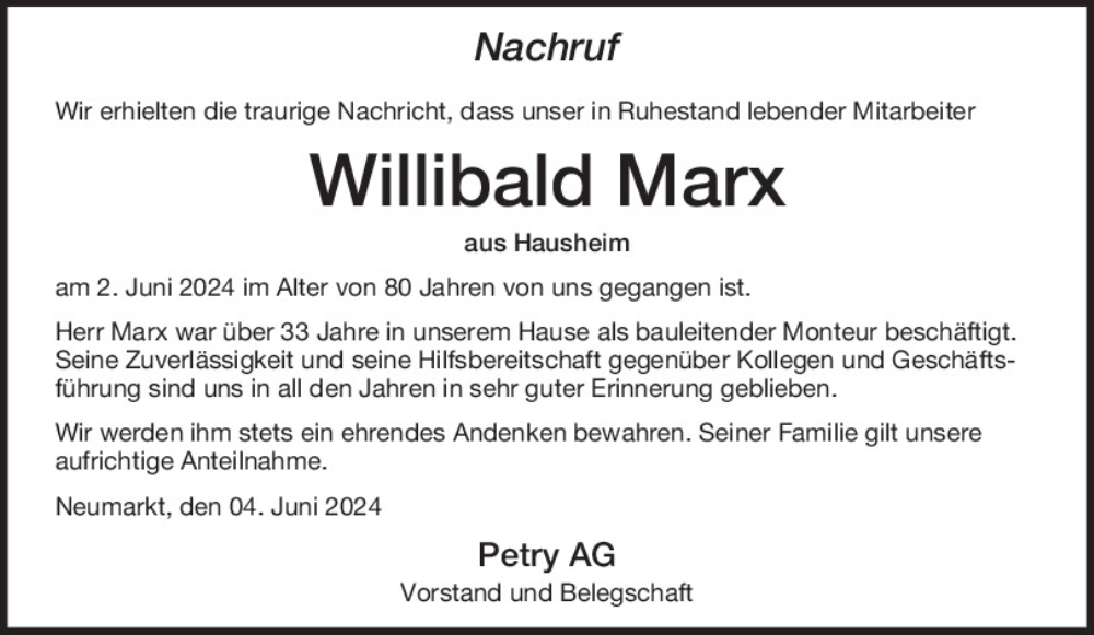  Traueranzeige für Willibald Marx vom 06.06.2024 aus Neumarkter Tagblatt