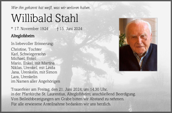 Traueranzeige von Willibald Stahl von Mittelbayerische Zeitung Regensburg