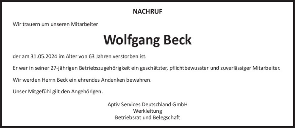  Traueranzeige für Wolfgang Beck vom 17.06.2024 aus Neumarkter Tagblatt