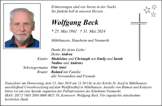 Traueranzeige von Wolfgang Beck von Neumarkter Tagblatt