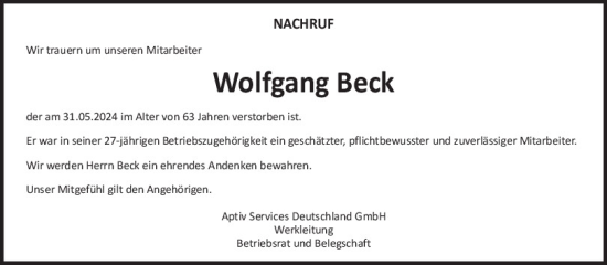 Traueranzeige von Wolfgang Beck von Neumarkter Tagblatt