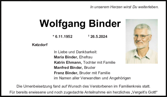 Traueranzeige von Wolfgang Binder von Mittelbayerische Zeitung Schwandorf