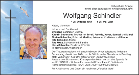 Traueranzeige von Wolfgang Schindler von Bayerwald Echo