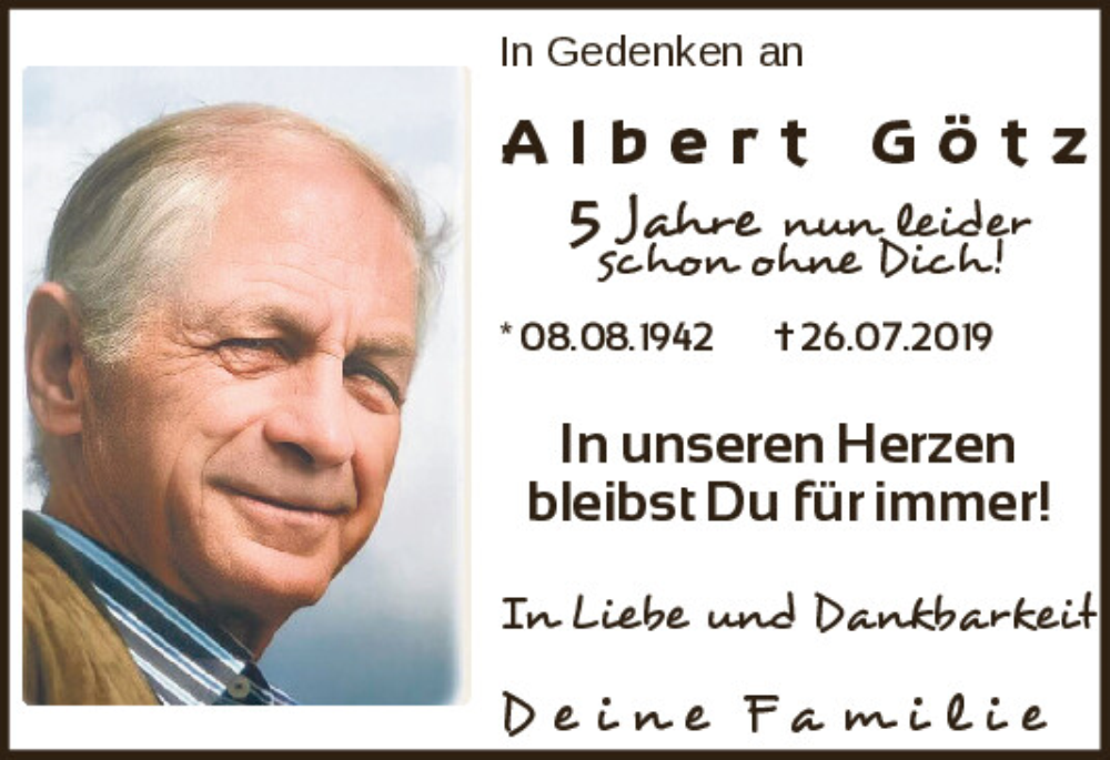  Traueranzeige für Albert Götz vom 26.07.2024 aus Neumarkter Tagblatt