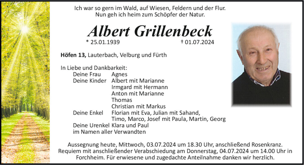  Traueranzeige für Albert Grillenbeck vom 03.07.2024 aus Neumarkter Tagblatt