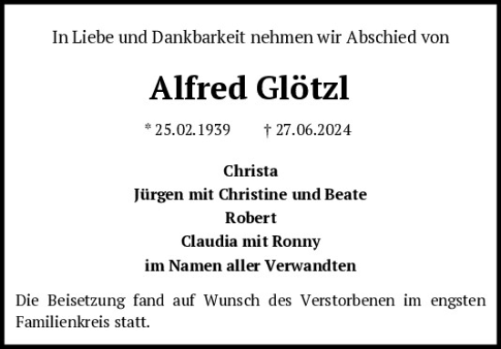 Traueranzeige von Alfred Glötzl von Mittelbayerische Zeitung Regensburg