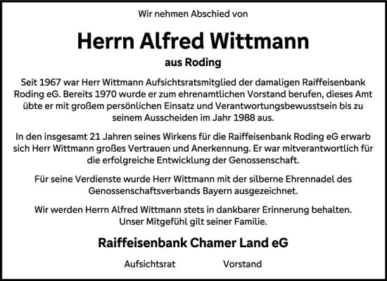 Traueranzeige von Alfred Wittmann von Bayerwald Echo