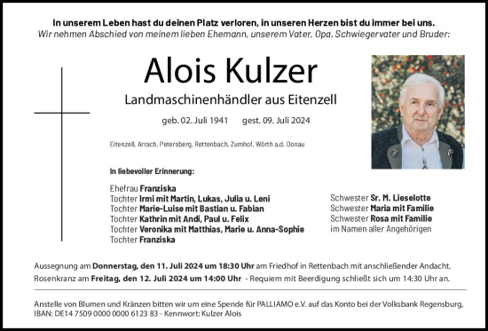 Traueranzeige von Alois Kulzer von Bayerwald Echo