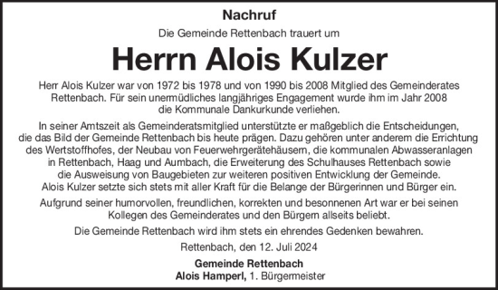Traueranzeige von Alois Kulzer von Bayerwald Echo