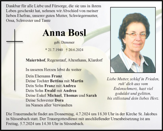 Traueranzeige von Anna Bosl von Bayerwald Echo