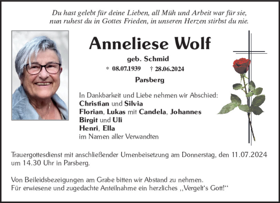 Traueranzeige von Anneliese Wolf von Neumarkter Tagblatt