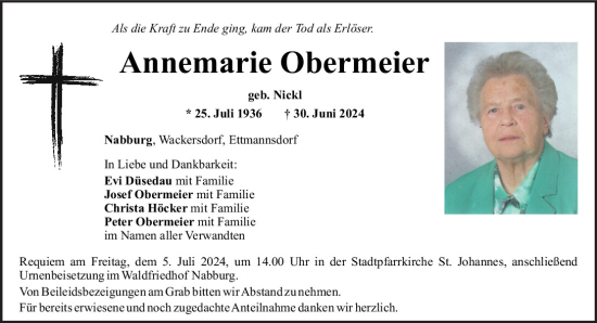 Traueranzeige von Annemarie Obermeier von Mittelbayerische Zeitung Schwandorf