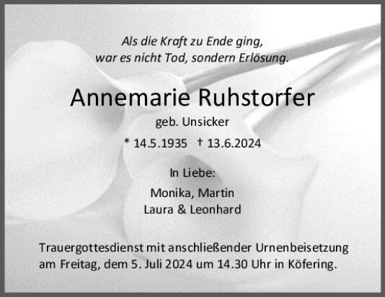 Traueranzeige von Annemarie Ruhstorfer von Mittelbayerische Zeitung Regensburg