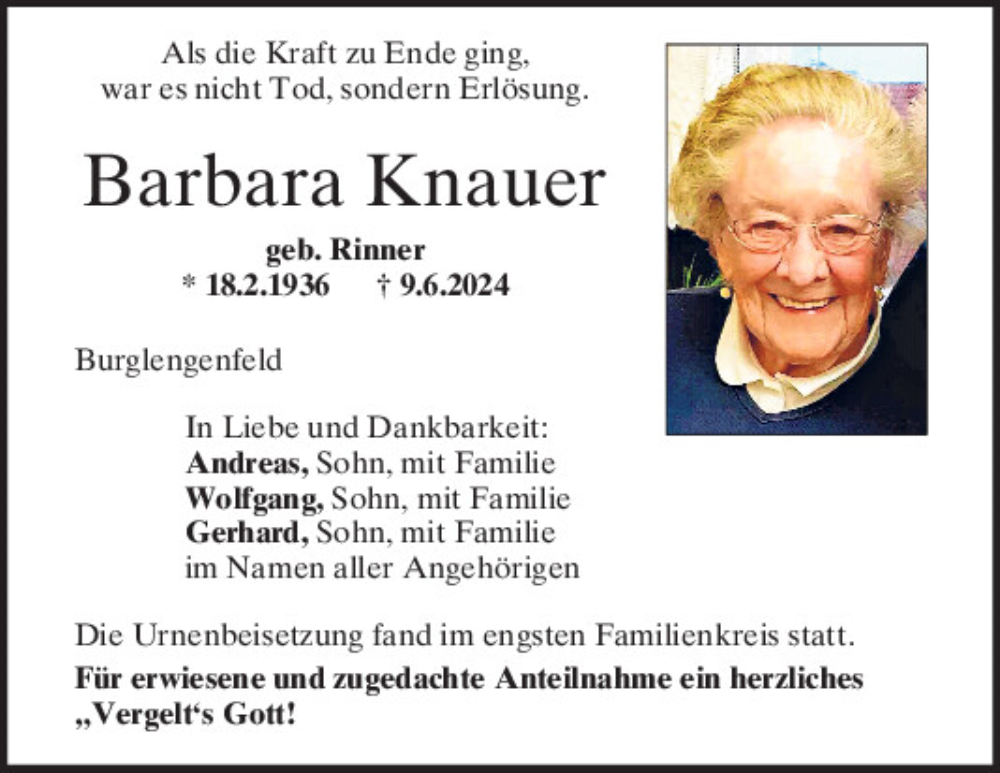  Traueranzeige für Barbara Knauer vom 02.07.2024 aus Mittelbayerische Zeitung Schwandorf