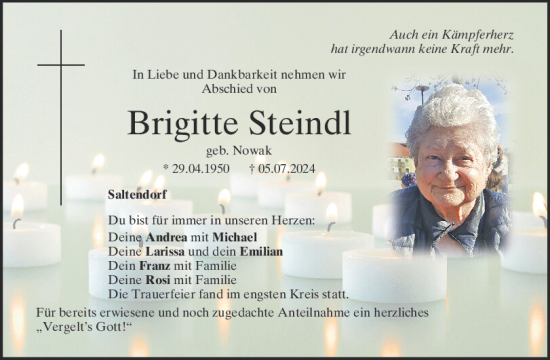 Traueranzeige von Brigitte Steindl von Mittelbayerische Zeitung Schwandorf