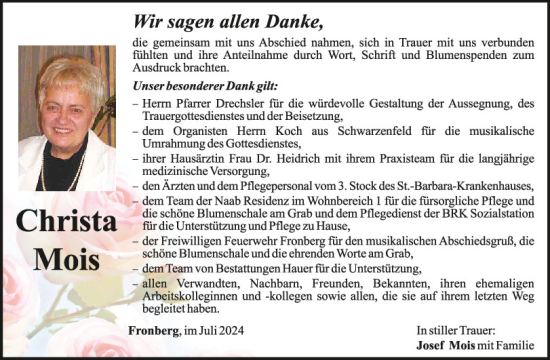 Traueranzeige von Christa Mois von Mittelbayerische Zeitung Schwandorf
