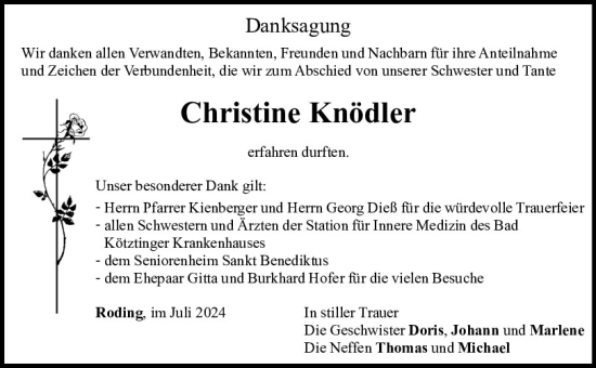 Traueranzeige von Christine Knödler von Bayerwald Echo