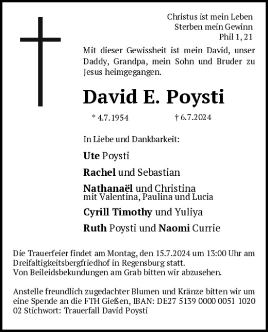 Traueranzeige von David  Poysti von Mittelbayerische Zeitung Gesamtausgabe