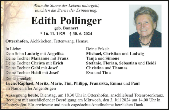 Traueranzeige von Edith Pollinger von Mittelbayerische Zeitung Regensburg