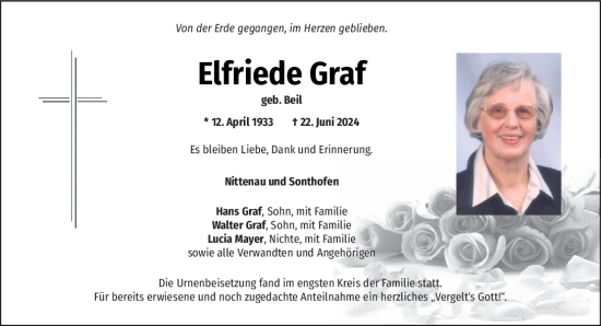 Traueranzeige von Elfriede Graf von Mittelbayerische Zeitung Regensburg